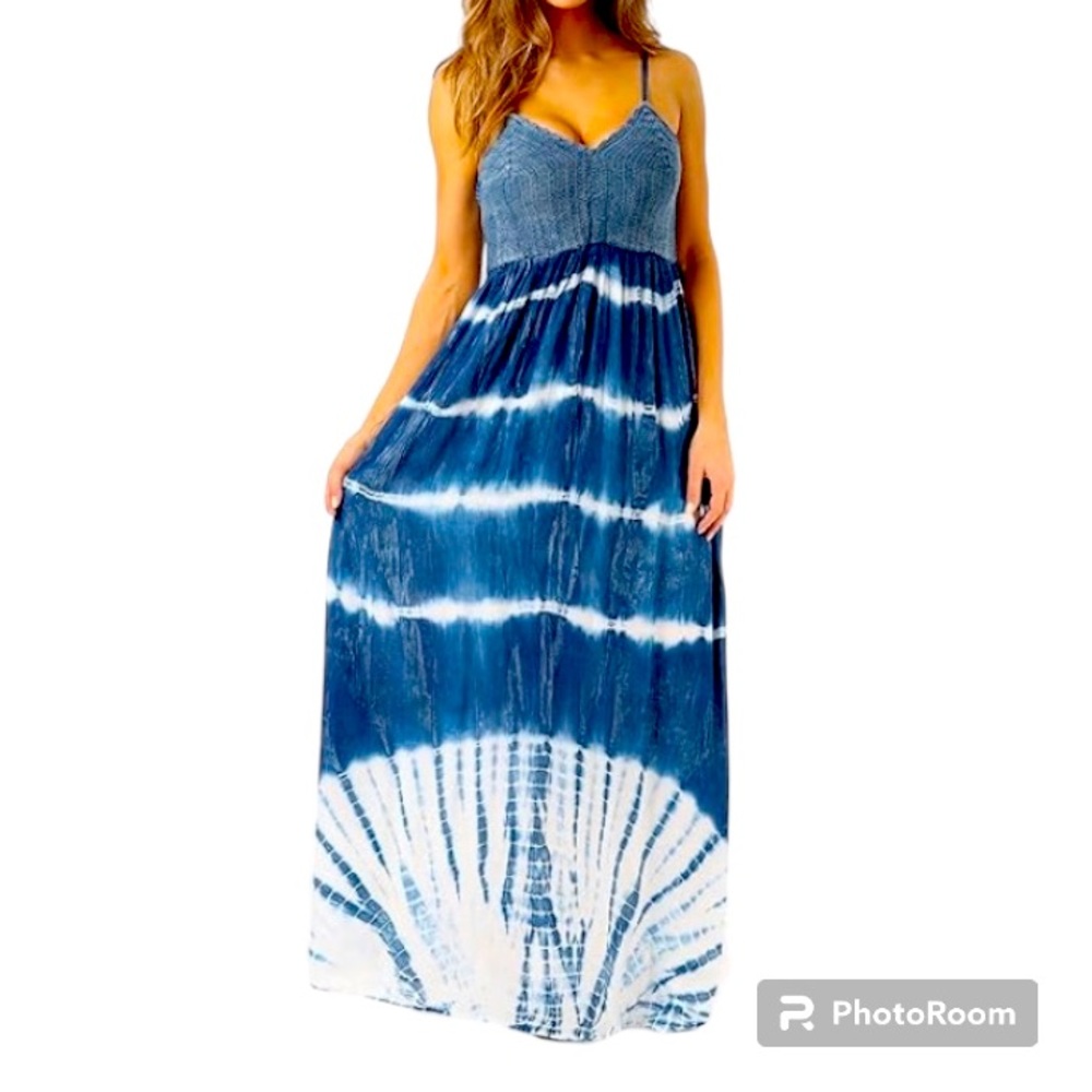 Riviera Sun Rayon Crepe Tie Dye Sleeveless Maxi Blue Crochet Small Festival Boho